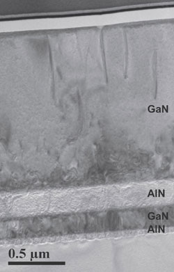 Figure 1: High resolution transmission electron micrograph (HR-TEM) cross-section of GaN/AlN/GaN/AlN/Si(111) structure.