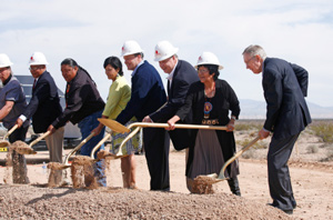 (From right to left) US Senate Majority Leader Harry Reid joins Moapa Band of Paiutes chairwoman Aletha Tom, First Solar’s CEO James Hughes, LADWP’s director of power system planning and development Randy Howard, and the Moapa Band of Paiutes Tribal Council to break ground on the 250MW Moapa Southern Paiute Solar Project.
