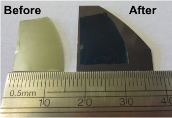 Image of thin film on original growth substrate (left) and after being transferred (right). Photo credit: Linyou Cao.