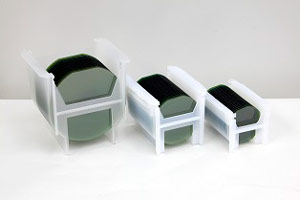 SiC epiwafers with (from left to right) diameters of 6, 4 and 3-inches. 