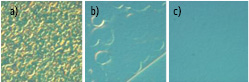 Fig 2: AFM images of surface morphologies: (a) - wafer A directly after GaN:Fe growth, (b) - finished wafer A, (c) - finished wafer B (correlating to a, b, c in Figure 1). 
