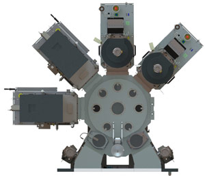 Top view of an EVG580 ComBond automated high-vacuum wafer bonding system. The integrated cluster system enables fully automated wafer transport, handling and processing in high vacuum. 