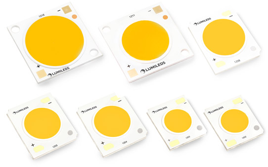 Picture: The new LUXEON CoB 1216 (top-left) as part of Lumileds' LUXEON CoB Core Range of LEDs.