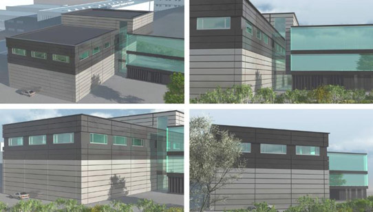 3D rendering of new building adjacent to existing reception and office building. 