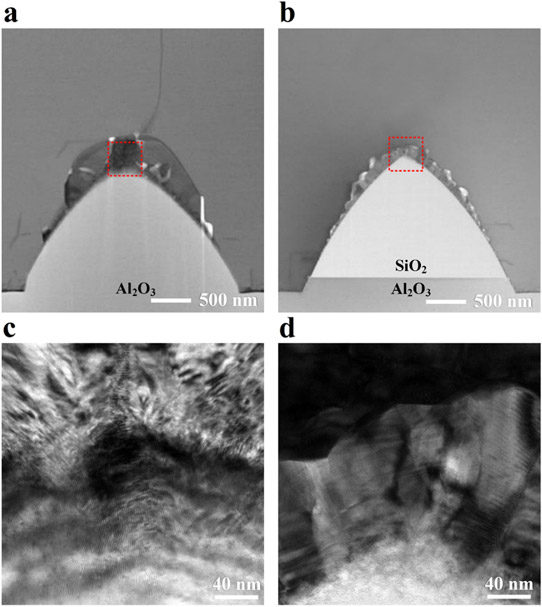 Figure 2: Cross-sectional STEM images of AlGaN grown (a) on PSS and (b) PSSA. (c) Enlarged STEM images of the marked areas in (a) and (d) that in (b).