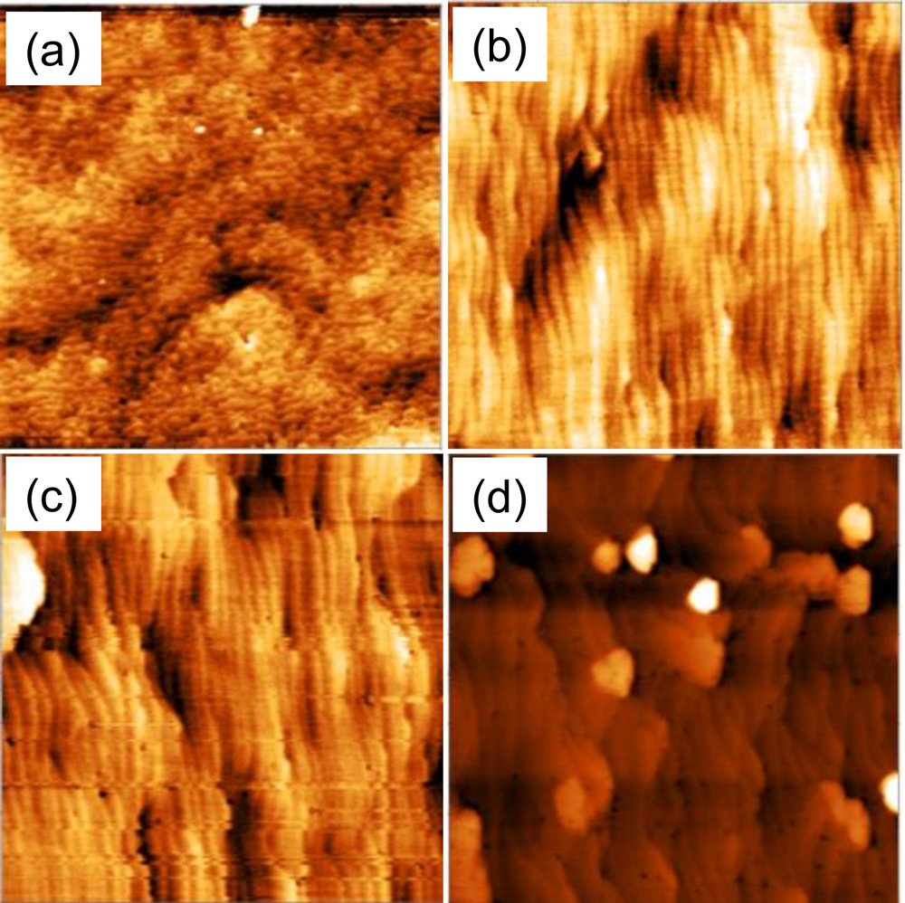 Figure 1: 5μmx5μm AFM images for as-grown (a) and annealed AlN at 1670°CC (b), 1700°C (c) and 1730°C (d).