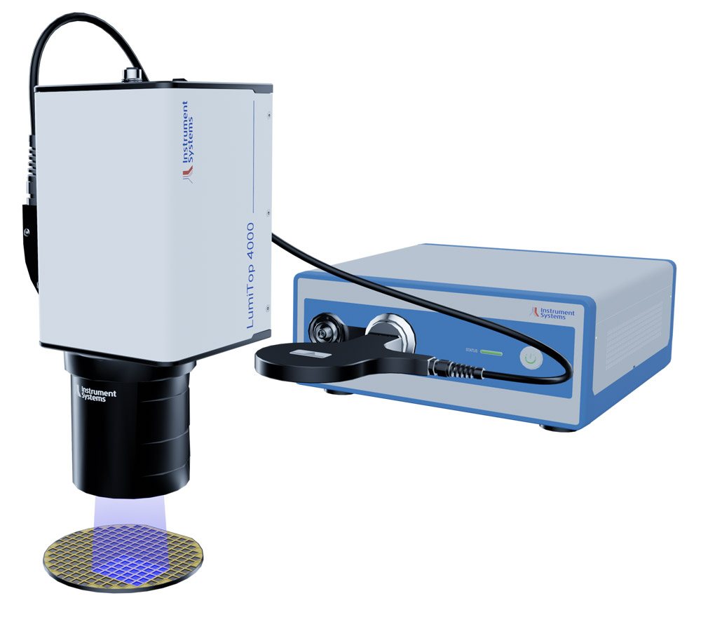 The camera-based measurement solution with the LumiTop 4000 in combination with a 100mm macro lens permits fast parallel analysis of the μLEDs on a wafer. 