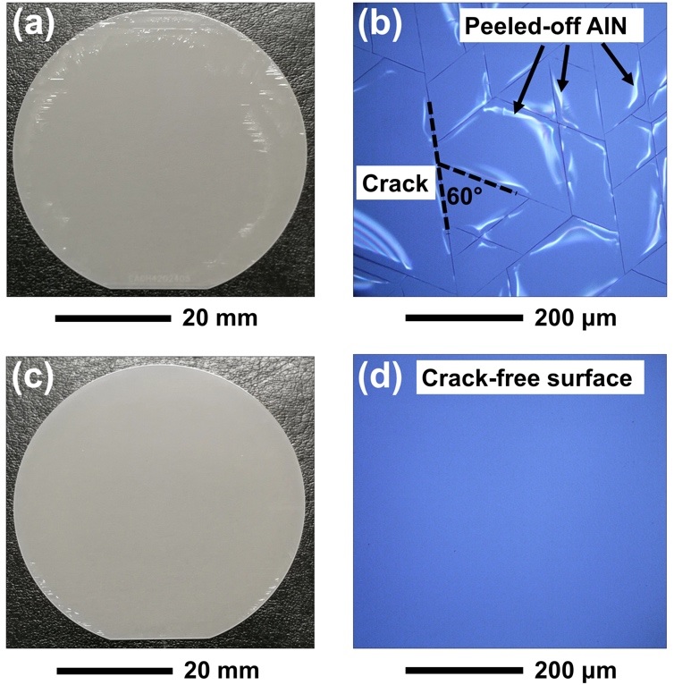 Figure 2. Photographs of (a) the AlN thick film without MT interlayer and (c) the AlN thick film with MT interlayer. Optical images of (b) the AlN thick film without MT interlayer and (d) the AlN thick film with MT interlayer. 
