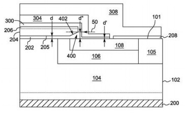 Figure 3: (Patent application EP 3,108,507) The gate insulating layer (202), e.g. SiO2, has greater thickness at the corner of the layer than at the center. The gate electrode (204) comprises a polycrystalline silicon layer. 