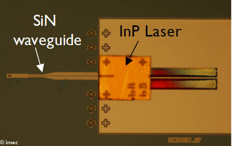 Microscope image of InP DFB laser assembled on silicon photonics chip.