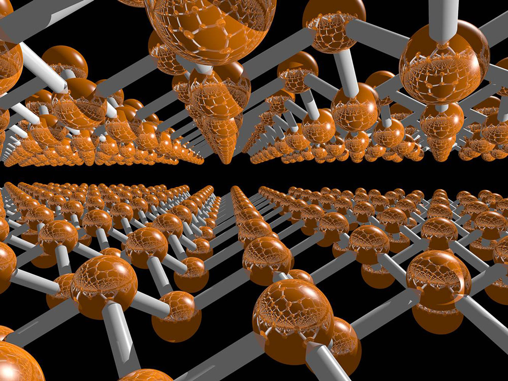 Computer model of a two-layer buckled honeycomb structure of blue phosphorus. The compound is very stable and (due to the very small distance between the layers) has metallic properties. Copyright: Jessica Arcudia.