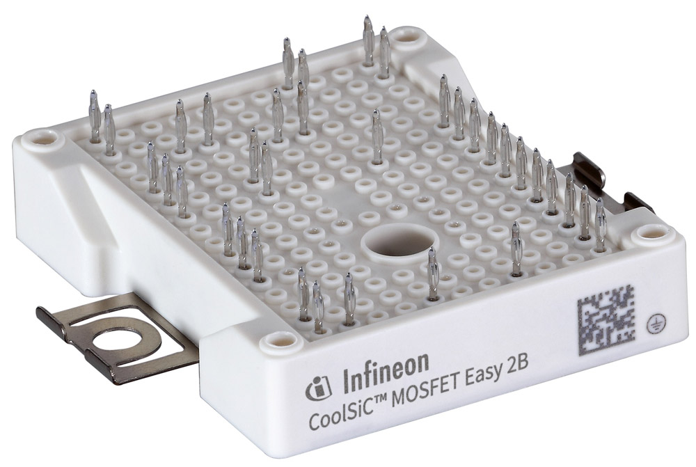 Infineon’s EasyPACK 2B CoolSiC 1200V module comes in 3-level Active NPC (ANPC) topology and integrates CoolSiC MOSFETs, TRENCHSTOP IGBT7 devices, and an NTC temperature sensor along with PressFIT contact technology pins