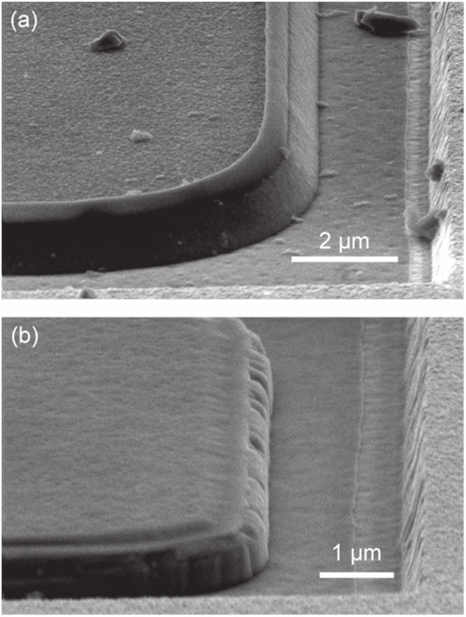 Figure 1: SEM images of μLED sidewall profiles (a) without and (b) with chemical treatments.