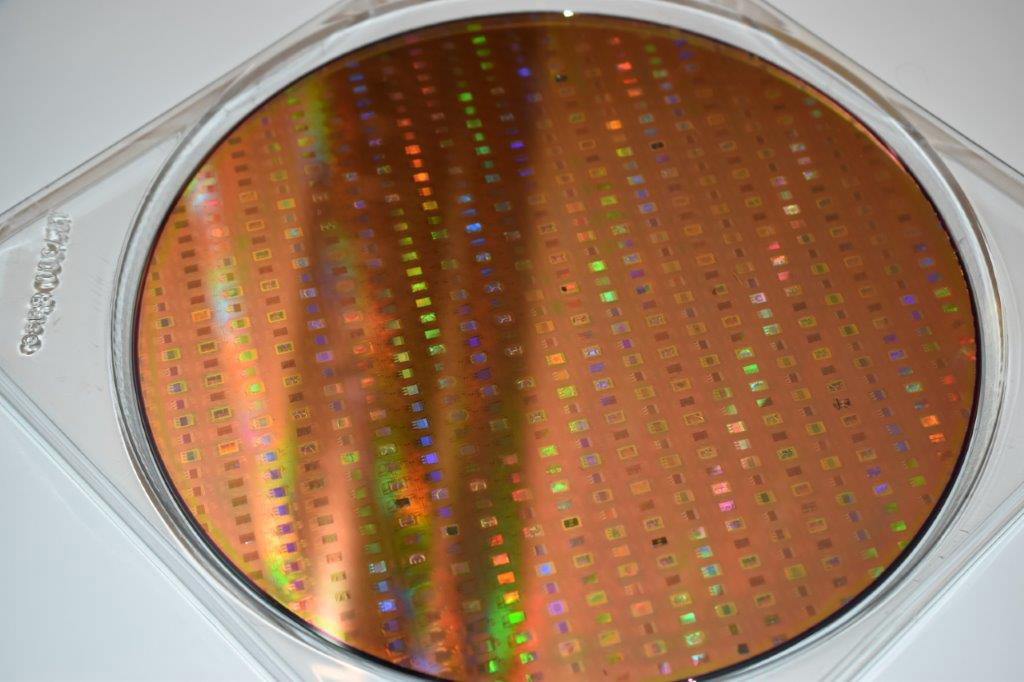 MICLEDI microLED arrays processed on 300mm wafers (via reconstitution and W2W bonding).