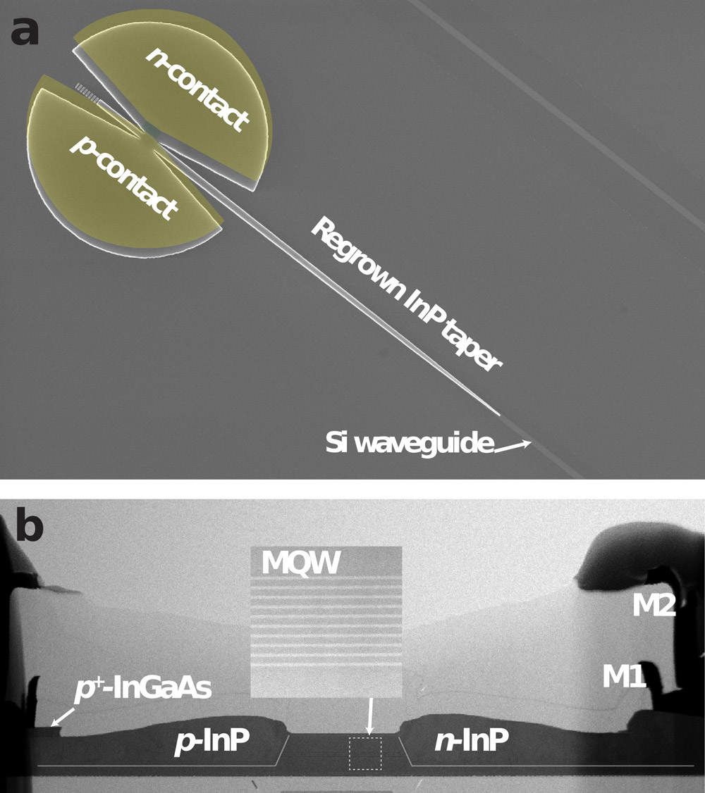Figure 1: Fabricated III-V-on-Si membrane photodetectors on Si: (a) top-view scanning electron micrograph before metallization; (b) structural scanning transmission electron microscope cross section with inset close-up of InAlGaAs multiple QWs. Scale bar 500nm.