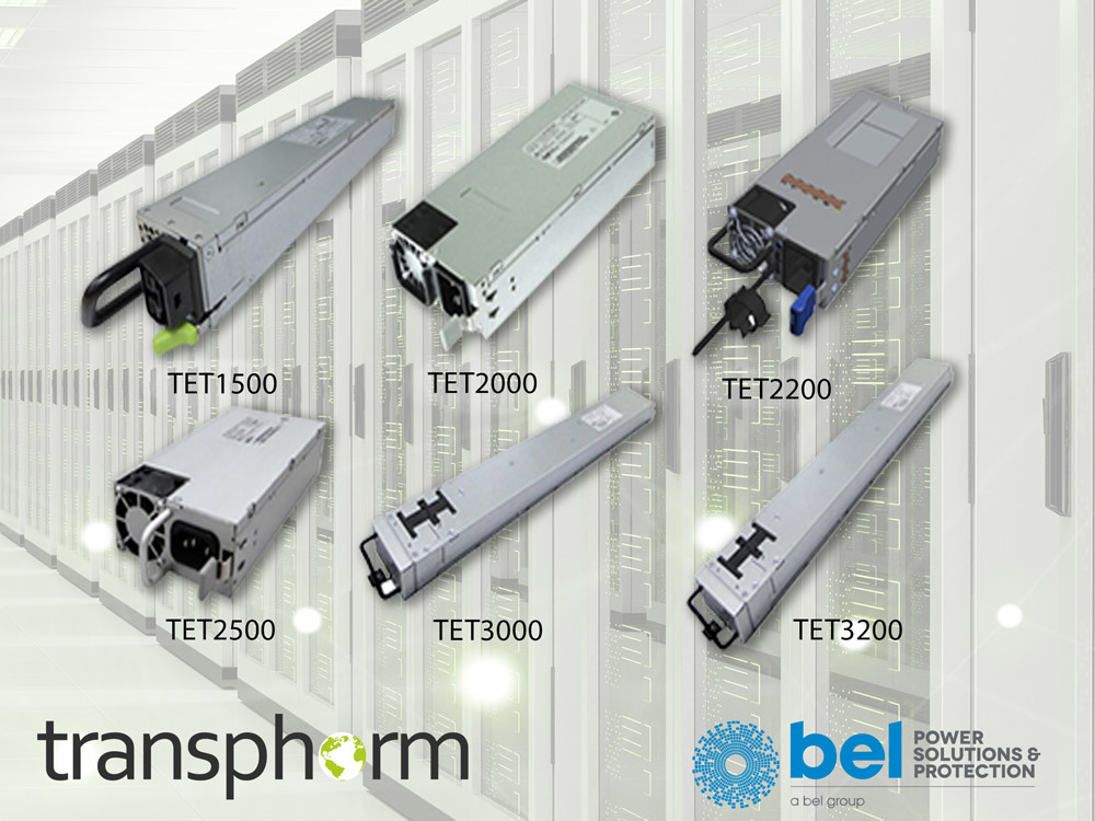 Transphorm's high-voltage GaN devices are used in six of Bel Power's AC to DC TET series power supplies, enabling Titanium efficiency power conversion for data centers. 