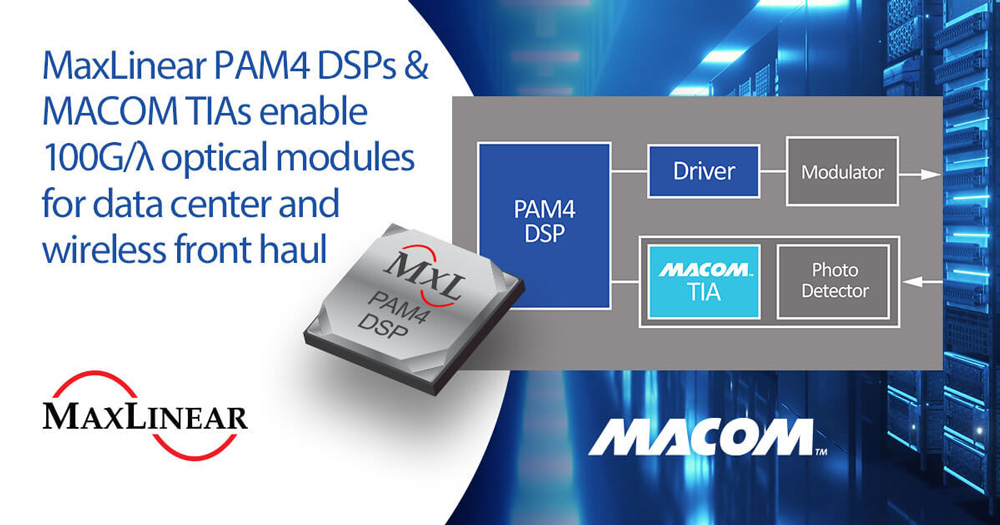 MaxLinear PAM4 DSPs and MACOM TIAs for 100G/400G/800G optical modules.