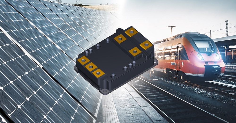 Toshiba’s MG800FXF2YMS3, a SiC MOSFET module for industrial applications including railways vehicle and renewable-energy power generation systems. 
