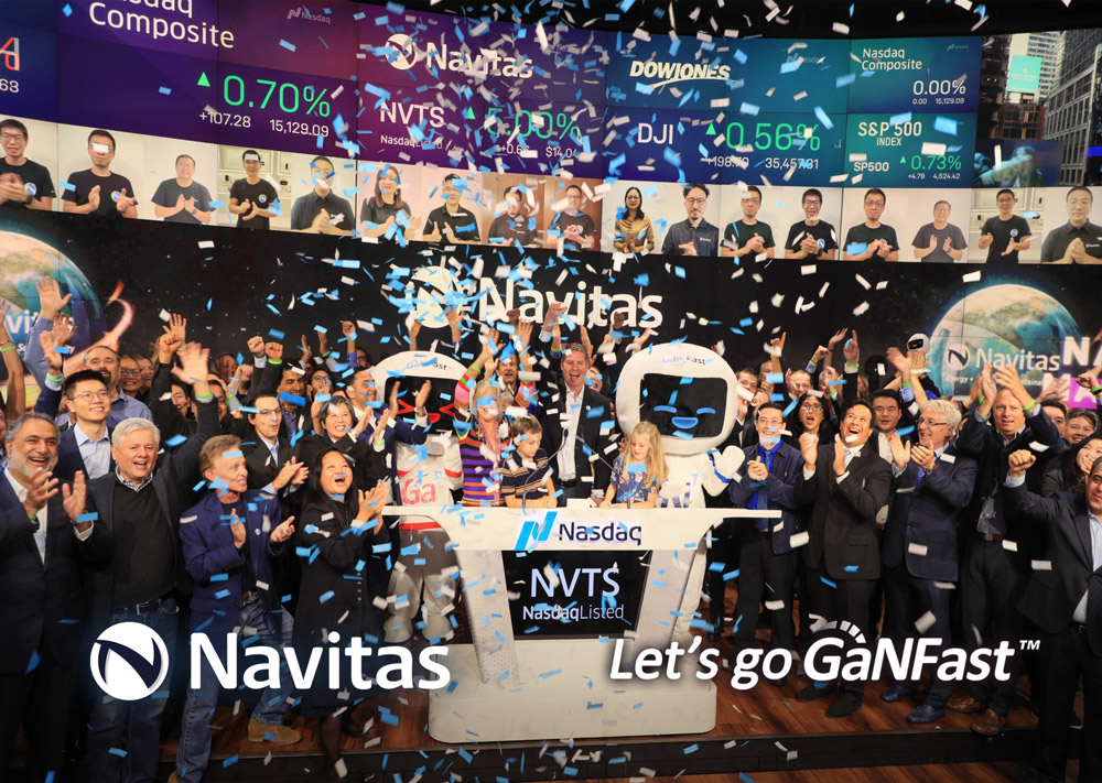 Navitas’ CEO Gene Sheridan rings the Nasdaq opening bell as NVTS begins trading after only seven years as a start-up. 