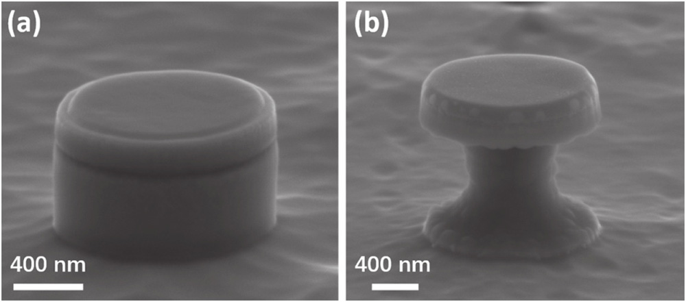 Figure 2: 70°-tilted scanning electron micrograph of micro-disk lasers on GaAs/Si template (a) before and (b) after pedestal formation.