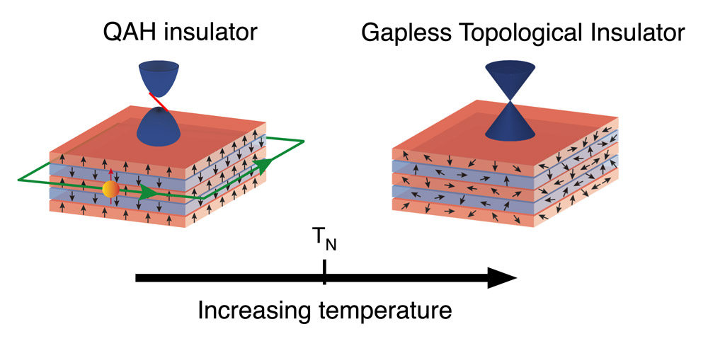 Phase transition from QAH insulator phase (left) to paramagnetic gapless topological insulator phase (right), when above the magnetic ordering temperature. 
