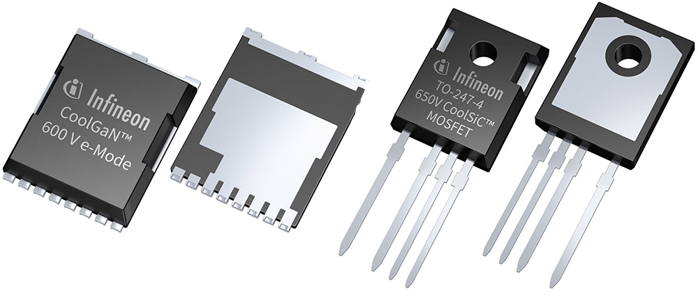Infineon’s 600V CoolGaN e-mode HEMT in an HSOF-8 package (left) and Infineon’s 650V CoolSiC MOSFET device in a TO247 4-pin package (right)