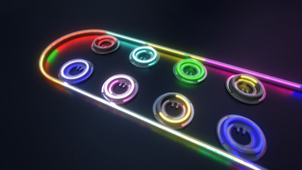 Eight micro-ring modulators and optical waveguide. Each micro-ring modulator is tuned to a specific wavelength, do each micro-ring can individually modulate the light to enable independent communication (courtesy of Intel Corp). 