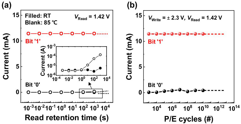 Figure 2: (a) Retention characteristics of InGaAs biristor at room temperature and 85°C. (b) Endurance characteristics. 