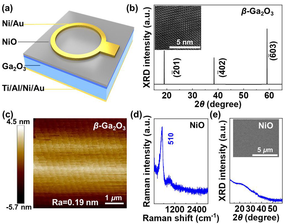 Figure 1: (a) Device schematic diagram. (b) X-ray diffraction (XRD) pattern and transmission electron microscope (TEM) images (inset) and (c) atomic force microscope (AFM) image of β-Ga2O3 single crystal. (d) Raman spectrum and (e) XRD pattern and scanning EM (SEM) image (inset) of amorphous NiO film.