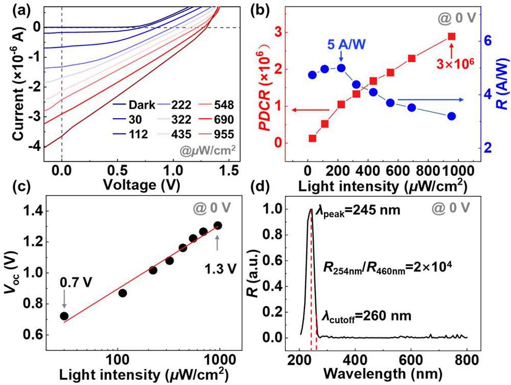 Figure 2: (a) NiO/Ga2O3 heterojunction photodetector current-voltage performance under 254nm illumination with different intensities. (b) Dependence of PDCR and R at 0V on light intensity. (c) Voc as function of light intensity. (d) Normalized spectral response at 0V.