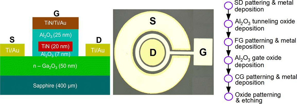 Figure 1: Flash memory device: (a) cross-sectional schematic; (b) top microscopic view; (c) fabrication process flow.