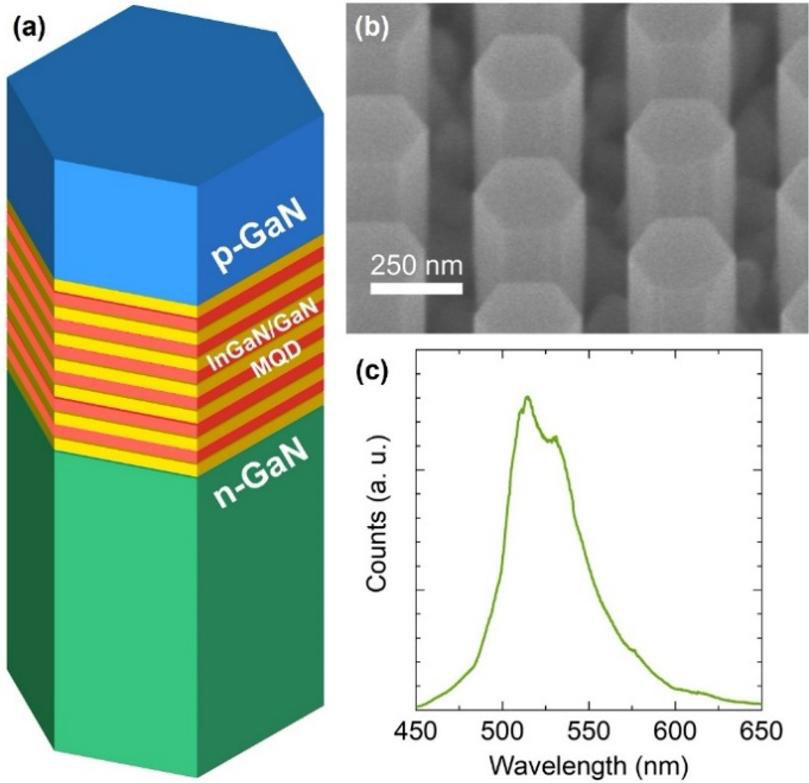 Figure 1: (a) Schematic of N-polar InGaN/GaN nanowire excitonic LED heterostructure. (b) Representative scanning electron microscope (SEM) image of nanowire array. (c) Photoluminescence (PL) spectrum of nanowire array.