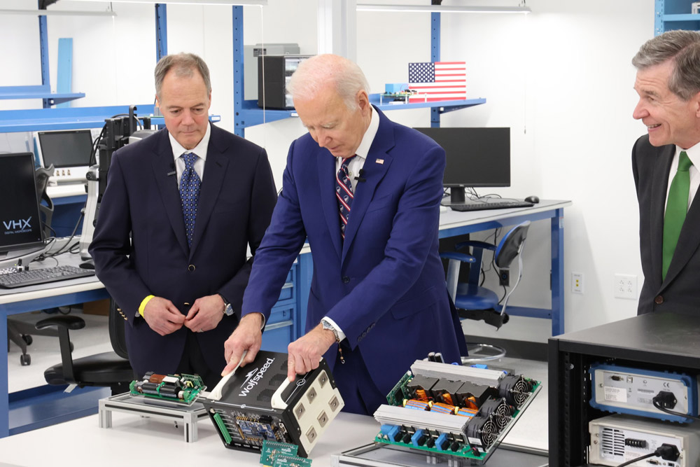 From left to right: Wolfspeed’s CEO Gregg Lowe; President Joe Biden; and North Carolina Governor Roy Cooper. 
