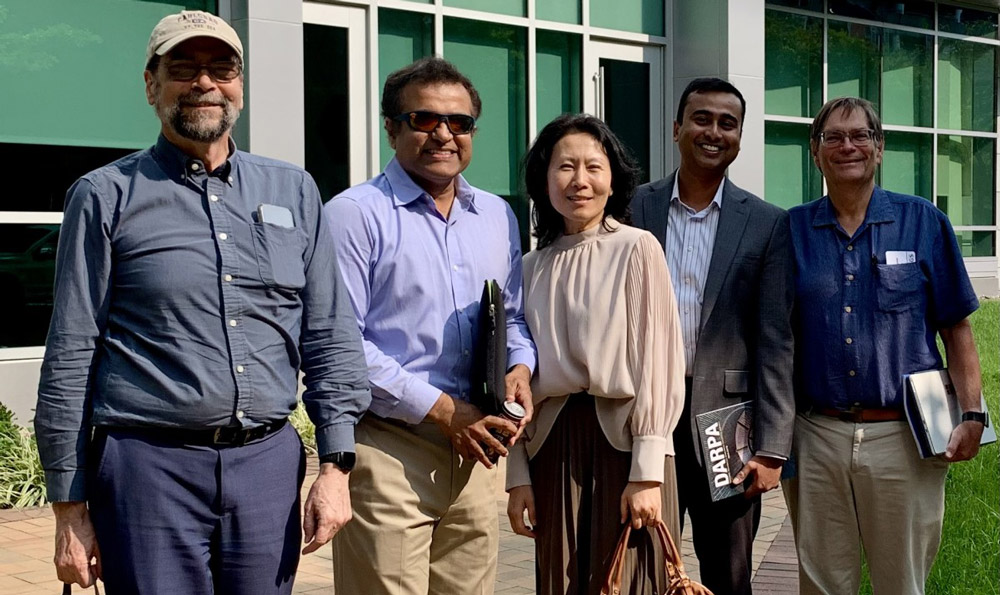 Cornell researchers in the Department of Materials Science and Engineering involved in the project, including (from left) Leo Schowalter (CTO of Lit Thinking and a visiting professor); Debdeep Jena (the David E. Burr Professor in electrical and computer engineering); Huili Grace Xing (the William L. Quackenbush Professor in electrical and computer engineering); Hari Nair (assistant research professor); and Michael Thompson (the Dwight C. Baum Professor). 