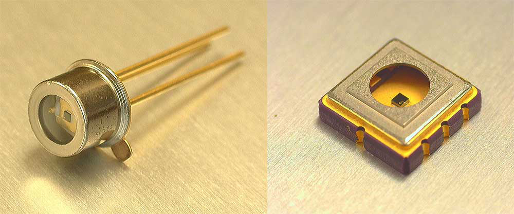 Marktech Optoelectronics’ new UVC SiC photodiodes: ATLAS (SMD) packaged MTSM1057SMF2-046 (left) and MT12-001 in TO-46 metal can (right). 