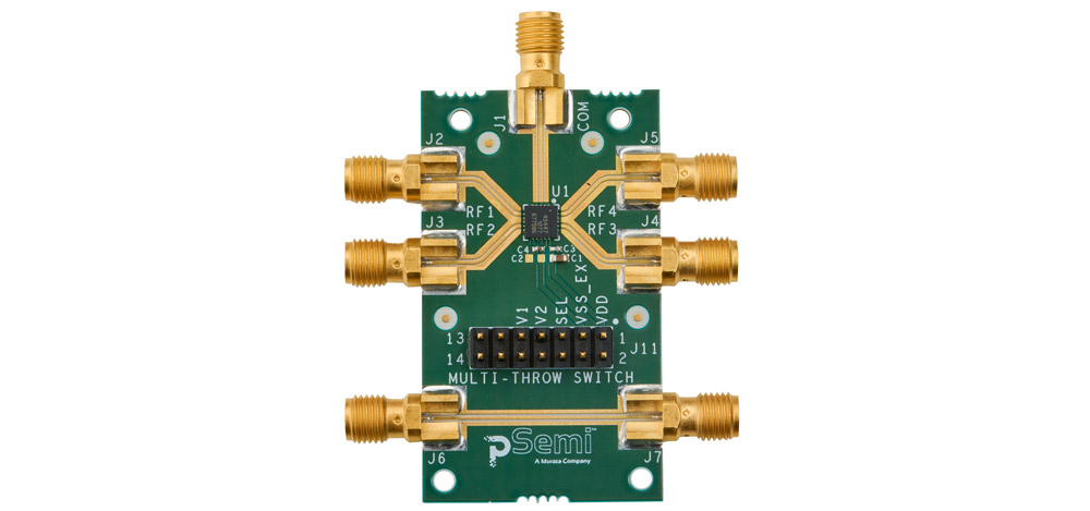 pSemi’s PE42447 high-power, high-linearity SP4T RF switch, supporting frequency ranges spanning 10MHz to 8GHz.