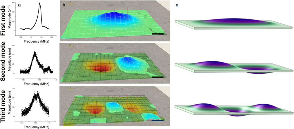 Figure 2: (a) Resonance spectra of first three modes of rectangular AlGaN/GaN plate on silicon at largest displacement location; (b) corresponding measured 3D displacement maps showing maximum deflection amplitude (scale bars: 20μm); and (c) COMSOL simulations.