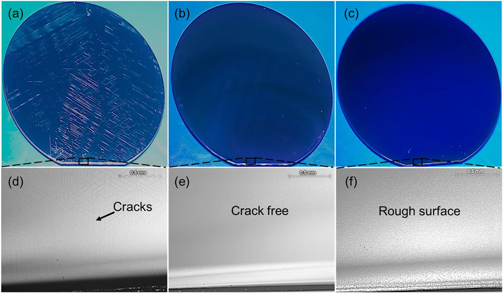 Figure 2: Photographs and optical microscopy images (500x) for samples 1 (a, d), 2 (b, e), and 3 (c, f).