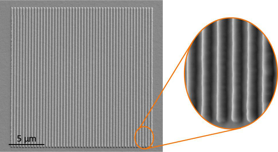 Figure 2: Scanning electron microscope (SEM) image of fabricated grating, with zoom-in circular inset.