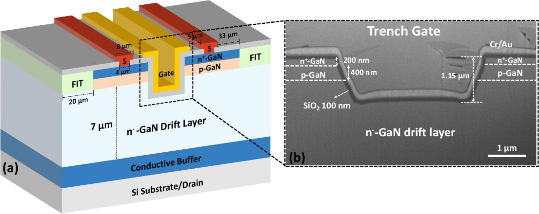 Figure 1: (a) Schematic structure and (b) cross-sectional scanning electron microscope (SEM) image (trench gate region) of fully vertical GaN-on-Si trench MOSFETs with fluorine implanted termination (FIT-MOS). 