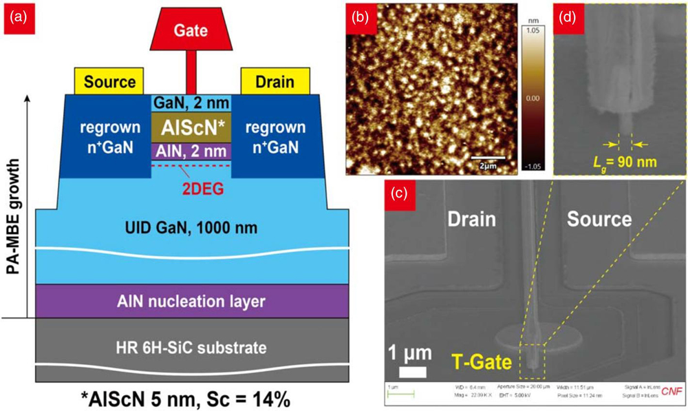 Figure 1: (a) GaN HEMT schematic cross-section. (b) Atomic force microscope (AFM) image of as-grown sample surface. (c) Scanning electron microscope (SEM) image of processed HEMT, and (d) zoomed-in on T-gate.