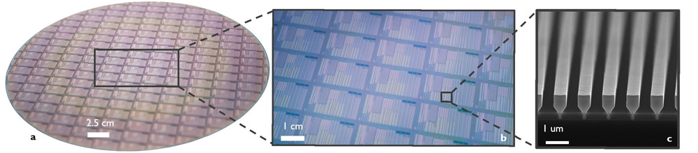 A 300mm silicon wafer containing thousands of GaAs devices with a close-up of multiple dies and a scanning electron micrograph of a GaAs nano-ridge array after epitaxy. 