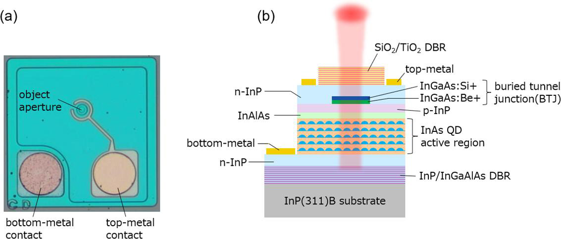 Figure 2: (a) Top-view and (b) cross-sectional schematic of electrically pumped QD VCSEL.