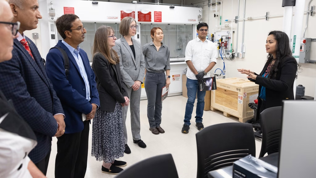 At the grand opening of the new lab, Shubhra Pasayat (right) gave tours to faculty and staff including (left to right) UW-Madison vice chancellor for research Dorota Grejner-Brzezinska; College of Engineering Dean Devesh Ranjan; Vivek Prasad, vice president for design engineering ecosystem enablement at NatCast; associate vice chancellor for research Amy Wendt; and ECE chair Susan Hagness. Photos: Todd Brown. 