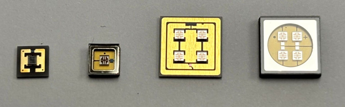 Single-chip 280nm UVC LEDs: far left, COS/No Lens; second from left, flat lens SMD. Four-chip 280nm UVC LEDs: second from right, COS/No Lens; far right, flat lens SMD. 