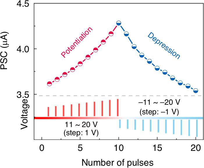 Figure 5: Long-term plasticity (LTP) and depression (LTD) realized by applying 20 VGS pulses at 100ms intervals.
