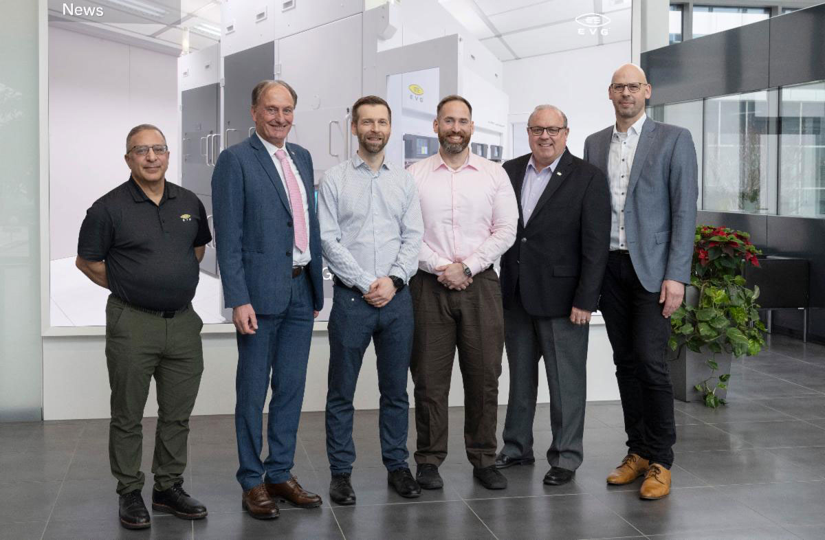 Xanadu team visits EVG's headquarters. From left to right: EVG’s strategic account manager North America Joe Battaglia and executive sales & customer support director Hermann Waltl; Xanadu’s engineering manager - process integration Oliver Herrmann and senior process development engineer Ron Then; and EVG’s VP & general manager North America Dave Kirsch and VP of sales Dr Thomas Uhrmann. 