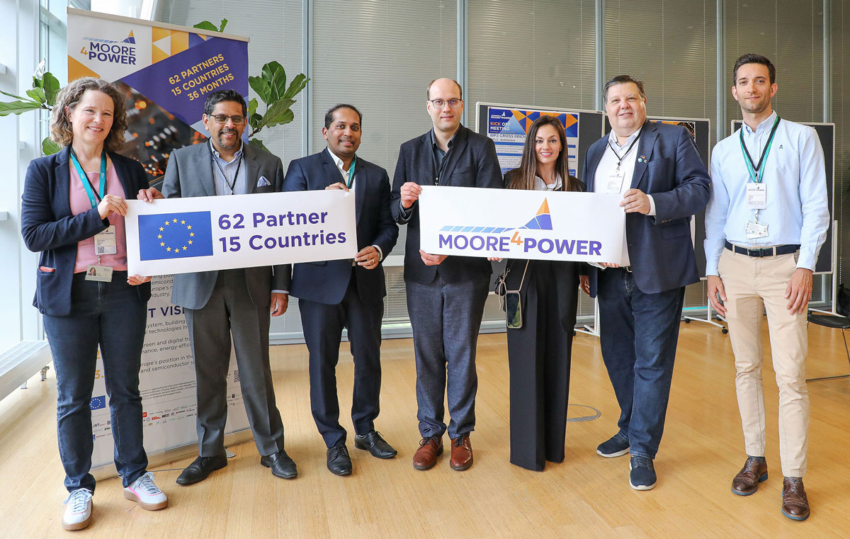 Kick-off event for Moore4Power project (from left to right): Daniela Maier (project lead Infineon), Ganesh Chandramouli (head of Innovation ALSTOM), Jain Chacko (research scientist at Fraunhofer ENAS), Joonas Leppanen (senior principal engineer R&D at ABB Finland),Vicky Chatzidogiannaki (director at INNOVATION DISCO), Jochen Koszescha (project coordinator Moore4Power Infineon), Iñigo Polo (general technology manager at INGETEAM). 